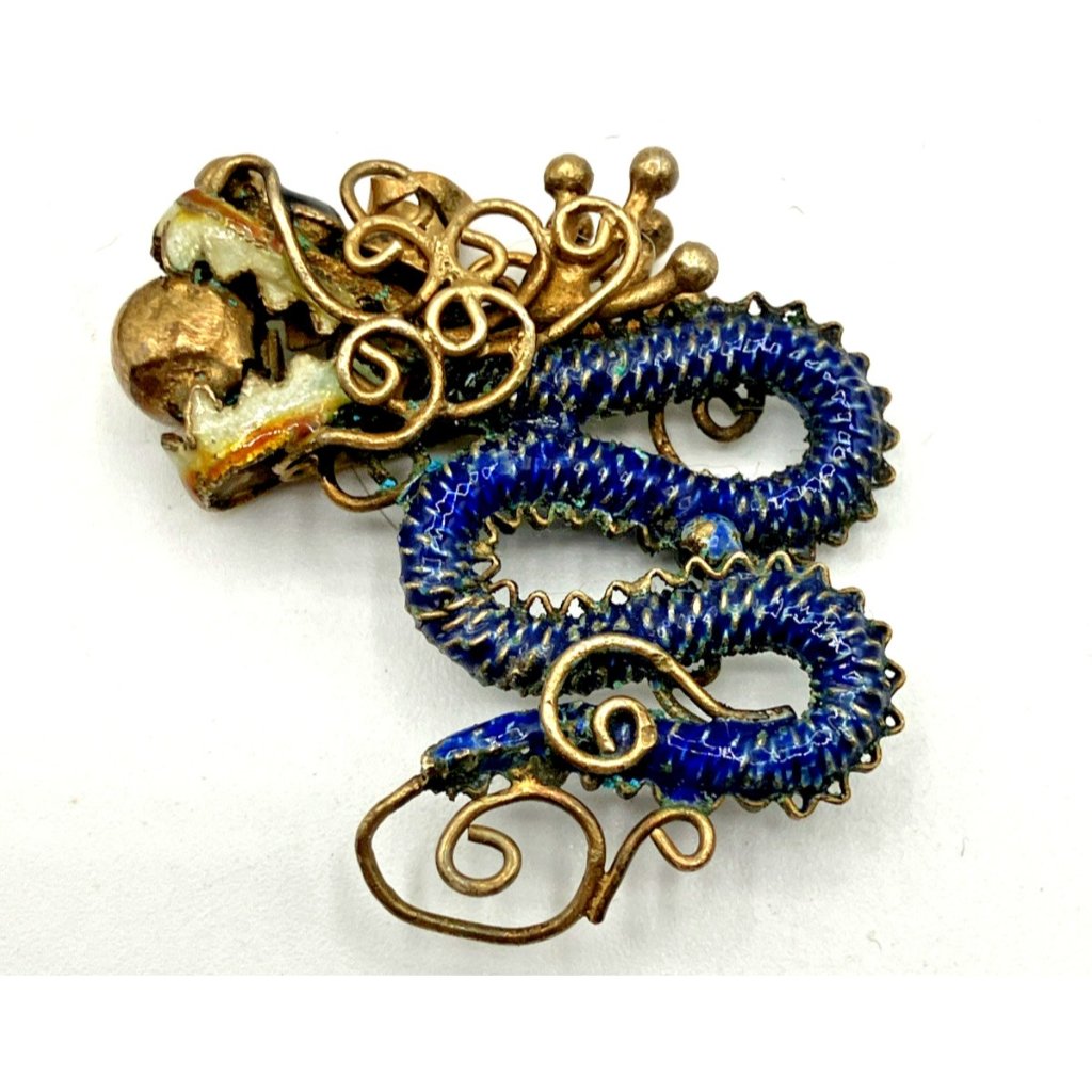 Vintage Antique Roc Chinese Dragon Pendant Enamel Silver Flaming Pearl